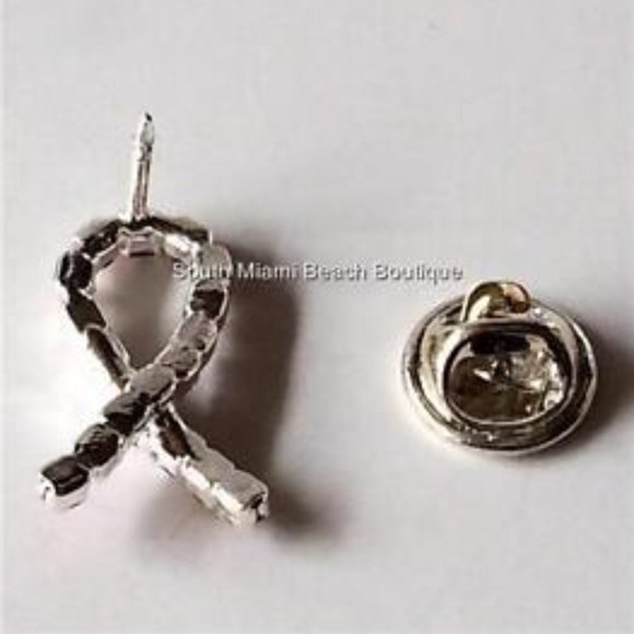 Crystal Pink Ribbon Lapel Pin Hat Tie Tac Breast Cancer Awareness Silver Plated - Picture 4 of 7